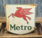 Vintage Mobil Metro Porcelain Metal Shield Sign Oil Gas Pegasus (Texlite Dallas)