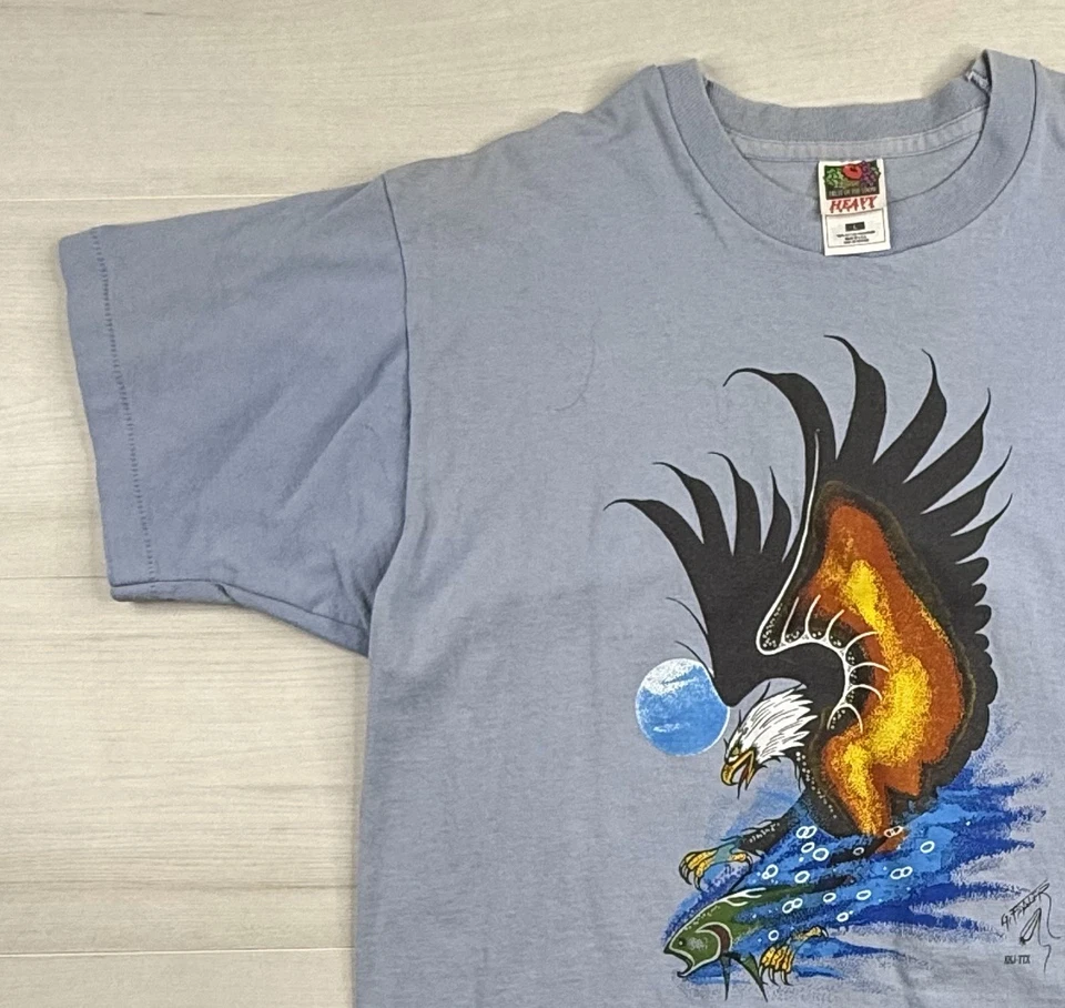 Vtg Majestic Bald Eagle Catching Fish Shirt Nature Single Stitch Art 90s USA L - Image 3 of 4