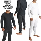 2pcs Set Mens Merino Wool Blend Long Sleeve Thermal Top & Long Johns Pants Under