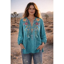 Johnny Was Taryn Embroidered 100 Silk Blouse Top Small S