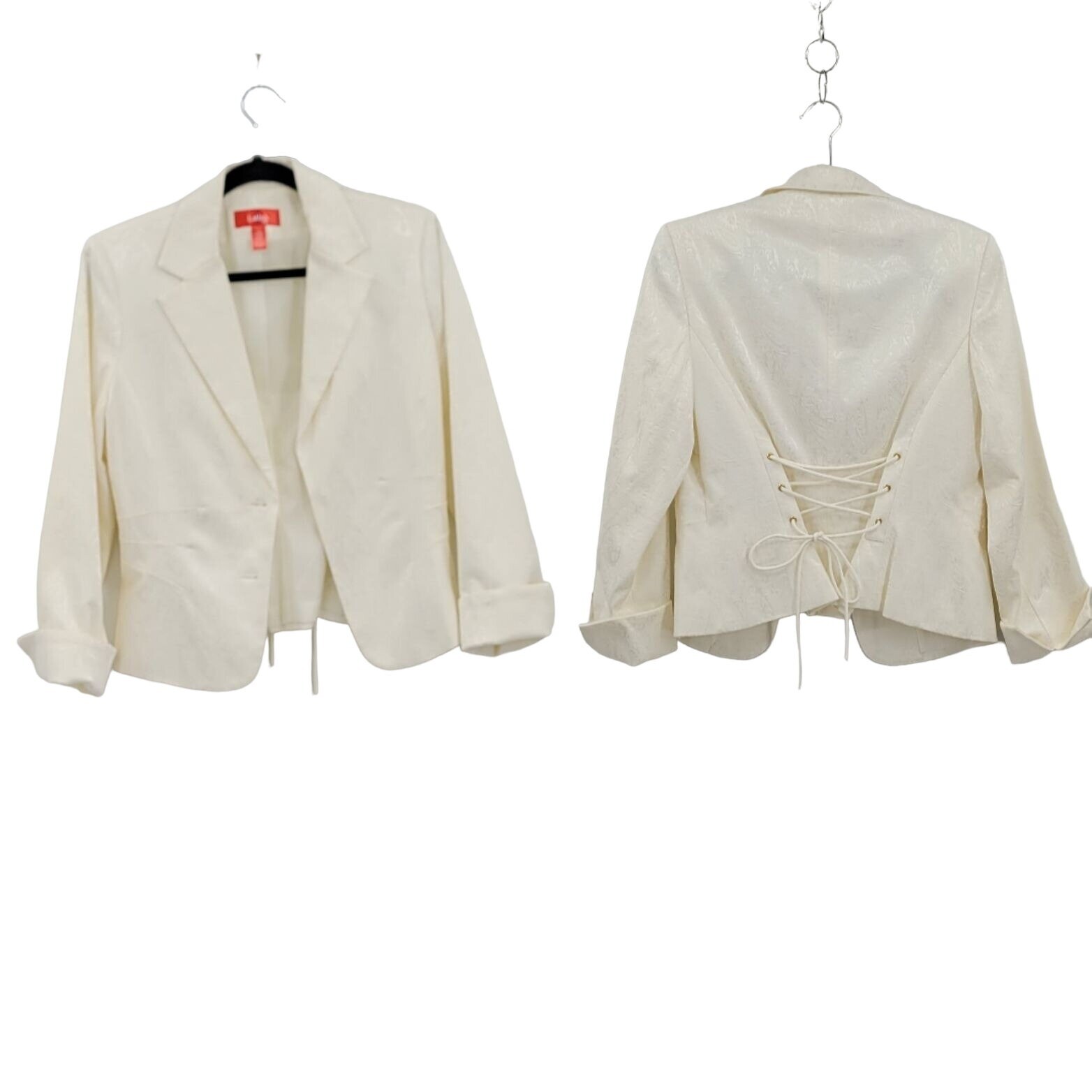 Vintage 80s Blazer 14 Ivory Formal Corset Brocade Jacquard Monochromatic Paisley