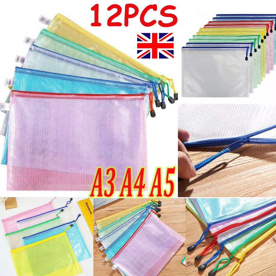 V-SOGOODS 12PCS A3/A4/A5 Plastic Wallet Zip Lock Bags File Document Pocket Paper Storage
