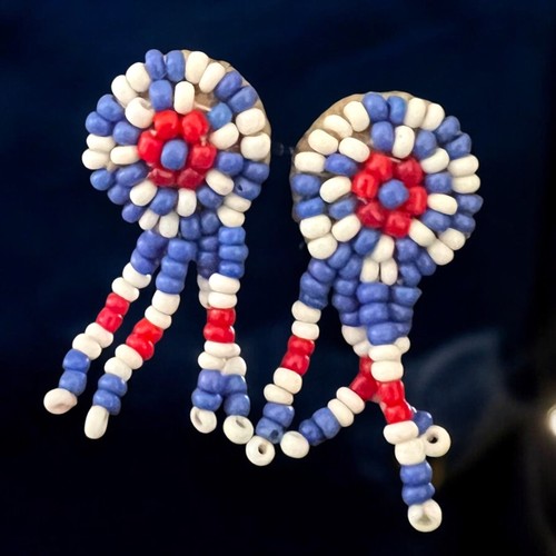 Pendientes con cuentas de nativos americanos atornillados rojo blanco azul semilla colgante - Imagen 8 de 9