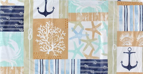 Patchwork Vinyl Flannel Back Tablecloth Sea Crabs Starfish Coral Nautical Aqua - Picture 2 of 2
