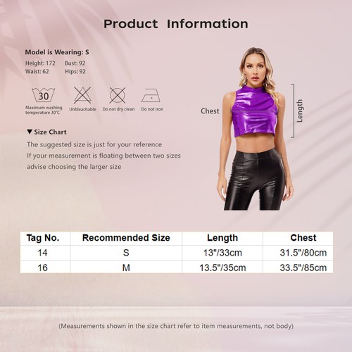 Women's Shiny Metallic Crop Top Turtleneck Disco Party T-Shirt Tops Clubwear - Picture 85 of 96