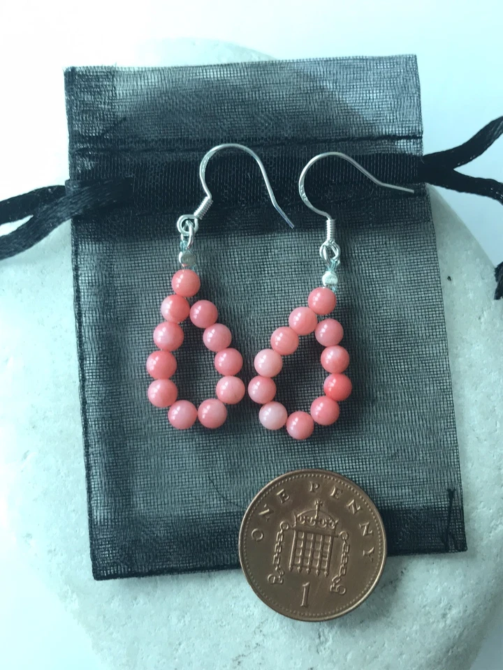 Genuine Pink Coral Loop Earrings - 925 Sterling Silver - Gift Bag - Free P&P - Image 3 of 3