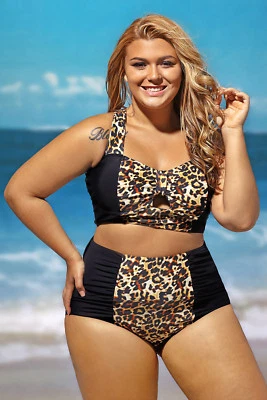Maillot de bain bikini 2 pièces taille haute léopard grande taille 2XL 3XL 4XL - Photo 1/4