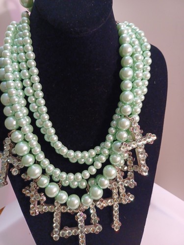 Pistachio Crystal And Bead Necklace Of Many Crosses - Picture 3 of 4