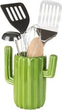 MyGift Green Ceramic Cactus-Shaped Utensil Crock, Countertop Cookware Holder