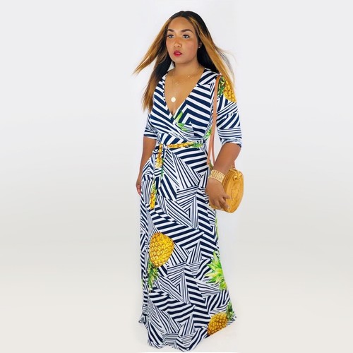 Half Sleeves Stripe Pineapple Print 