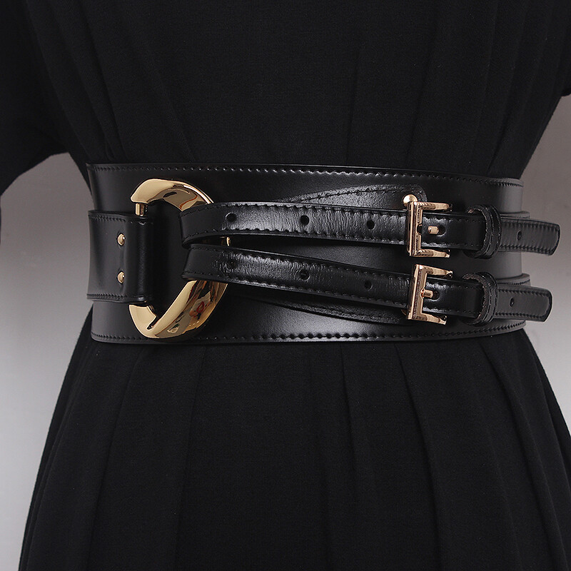 Women Cowhide Leather Corset Belt Double Prong Buckle Wide Decorative  Waistband