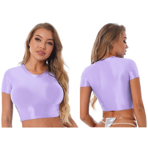 Women Glossy Short Sleeve Crop Tops Slim Fit Vest Nightclub Fitness GYM Tank Top - Picture 46 of 76