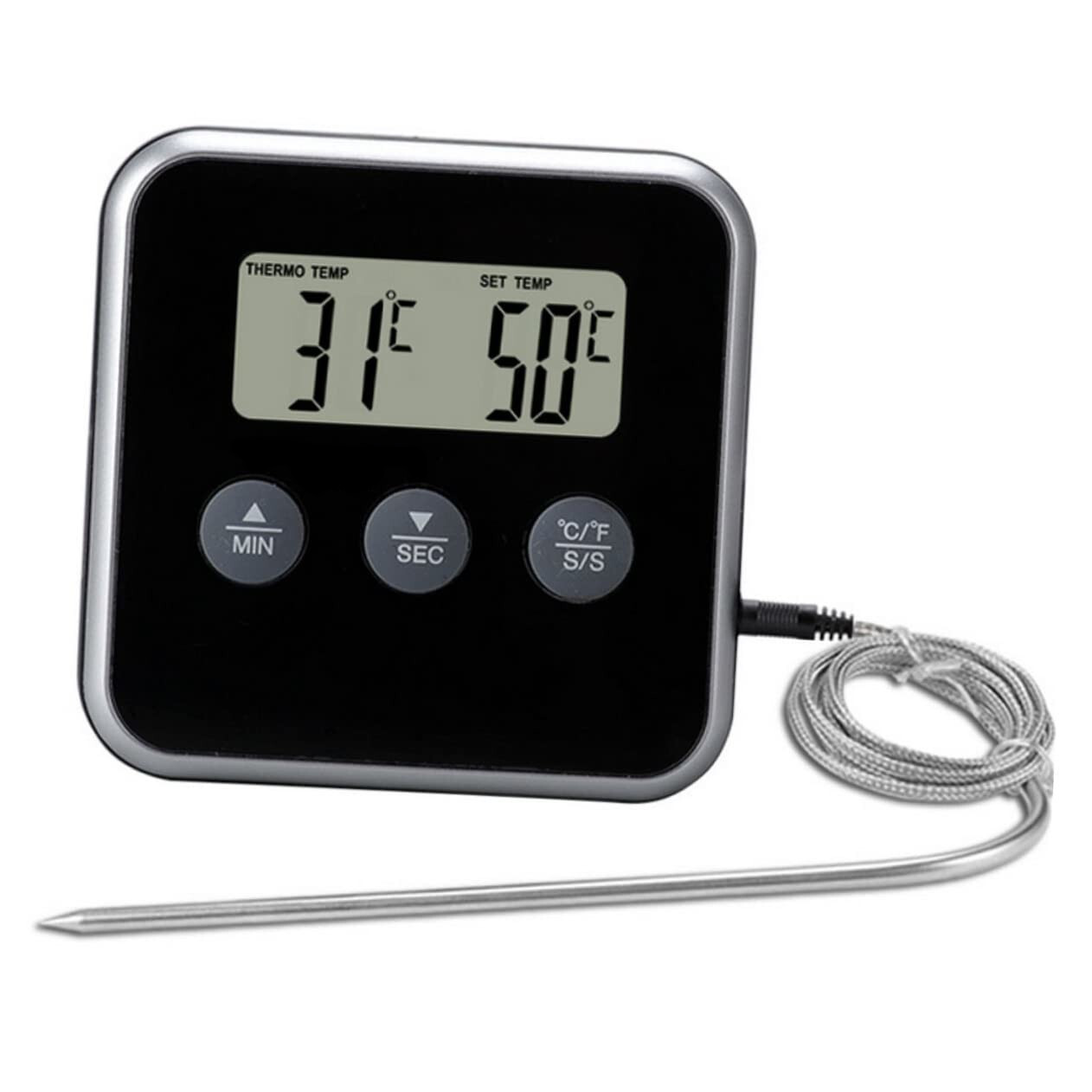 THERMOMETER MINUTER with ALARM Baking BBQ Grill Smoker 0-300°C Safe Steel Probe