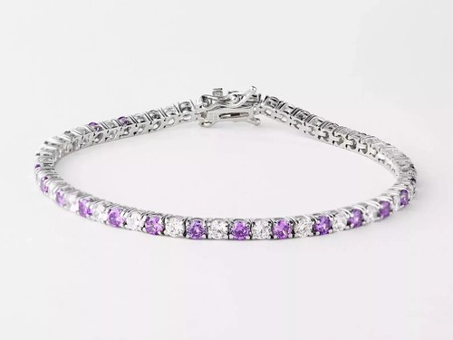 14K White Gold Over 7.5" 4MM Round Lab-Created Amethyst Diamond Tennis Bracelet