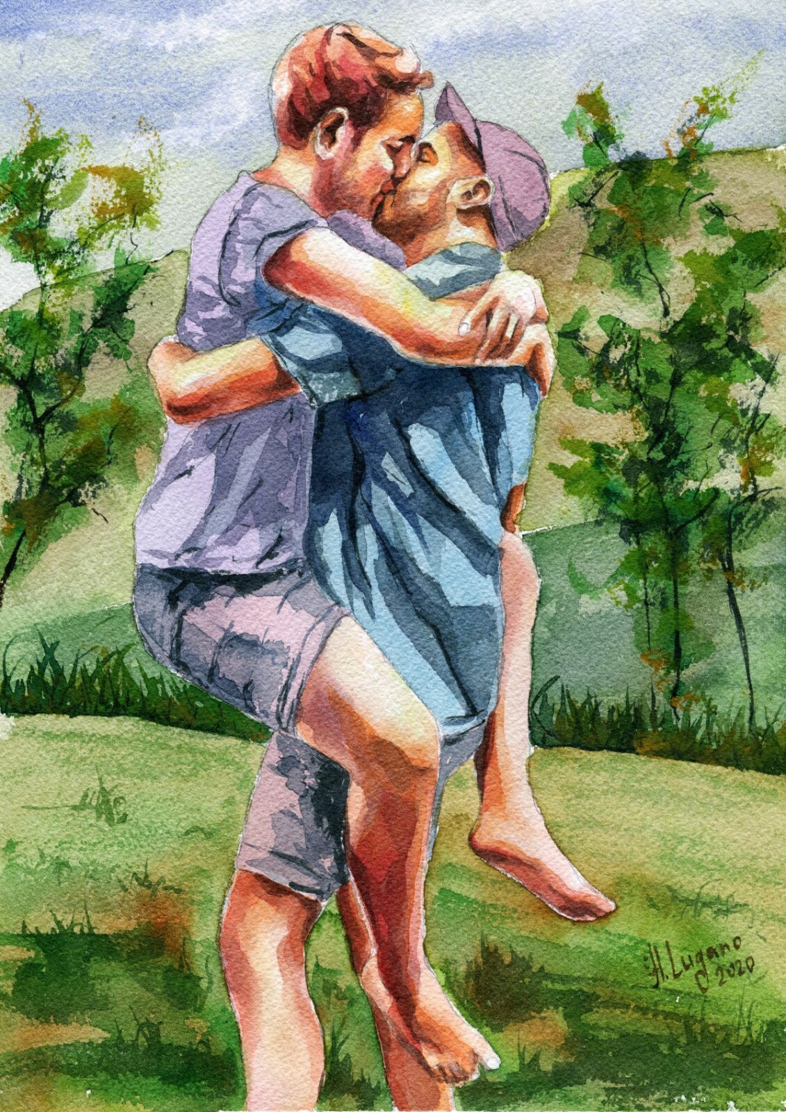 PRINT Original Artwork Watercolor Painting Gay Male Men "Kiss 10" eBay
