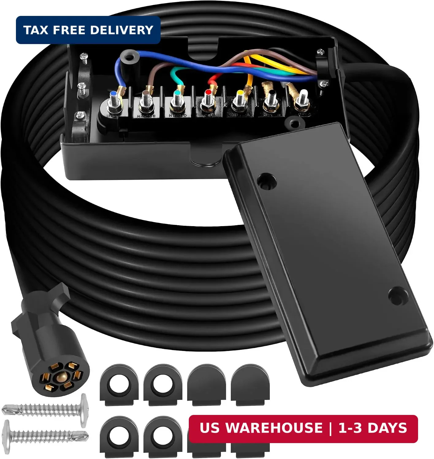 7 Way Trailer Plug Heavy Duty 16 Feet Inline with Weatherproof Junction Box for