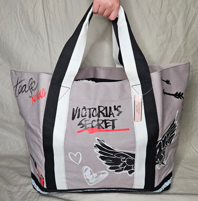 Victorias Secret Graffiti Print Weekender Bag Tote Shoulder Handbag Black Gray