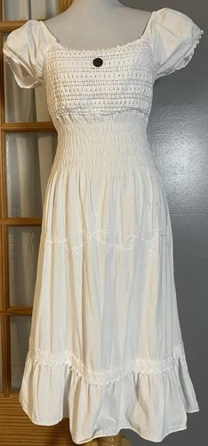 Vtg 90s Handmade Midi Dress Sz M Crochet Smocked Ruffles Scroll Embroidery Boho