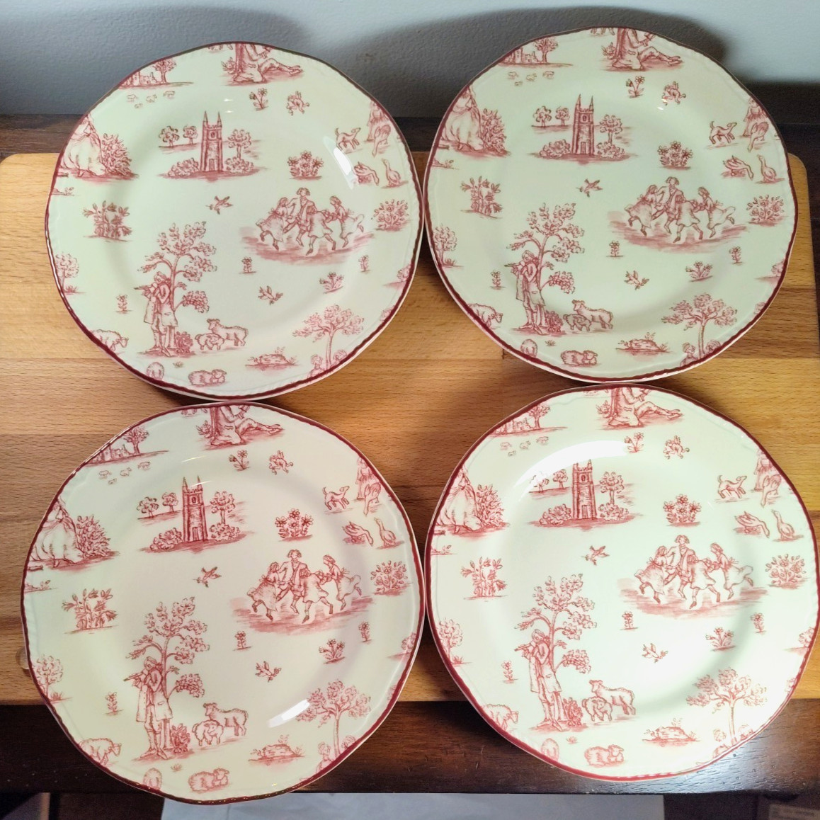 4 Wood & Sons Toille De Joile Scene Pink 7 3/4” Salad Plates England Red EUC Set
