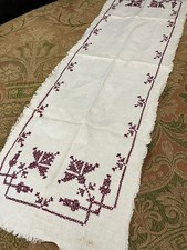 Vintage Hand Embroidered Linen Table Runner 36" x 12" Burgundy Cross Stitch