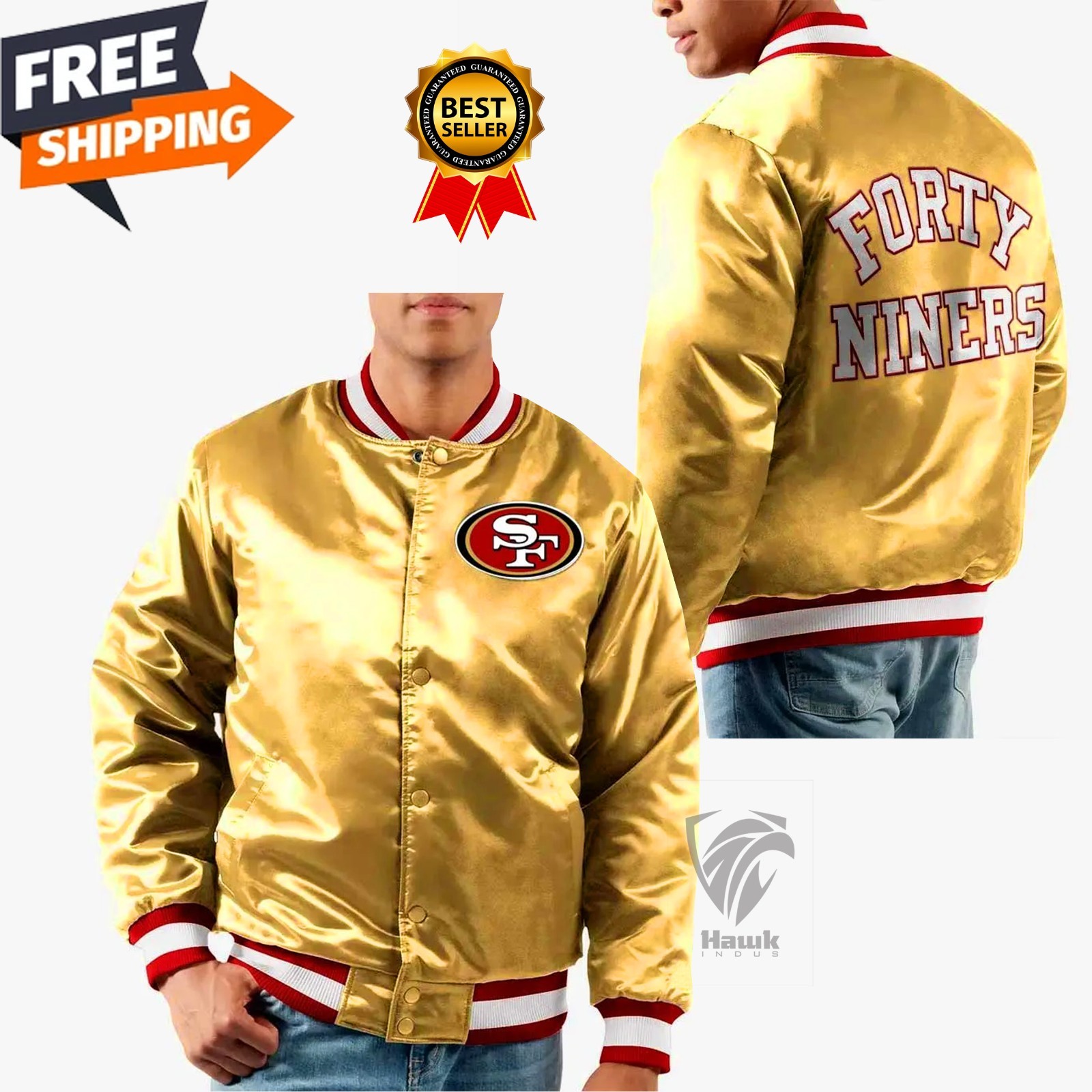 SF 49ers Gold Satin Bomber Varsity Jacket Embroidery Logos Jacket Free Shipping