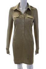 Halston Heritage Womens Half Button Down Shirt Dress Beige Gold Size 2