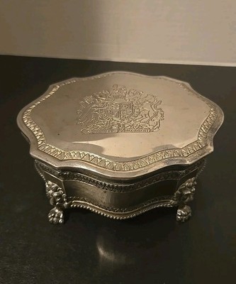 Vintage Silver Plated Jewelry Trinket Box Lion Feet British Royal Coat of Arms