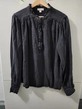 Knox Rose Top Womens L Black Pearl Snap Popover Denim Lyocell Long Sleeve Boho