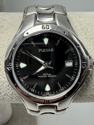 Pulsar VX32-X246 New Battery Mens Watch 36MM 6.75'' Black Dial Stainless Steel
