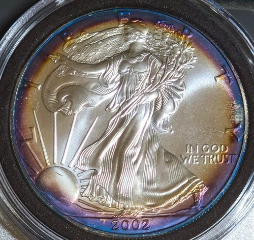 2002 American Silver Eagle 1 Oz Rainbow Toned .999 Silver Coin Bullion US Dollar