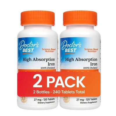 Doctor's Best High Absorption Iron 27mg 2 Pack 120 Tablets Chelated
