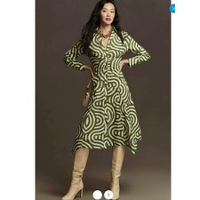 Anthropologie Long-Sleeve Poplin midi Shirt Dress size 4 green white boho