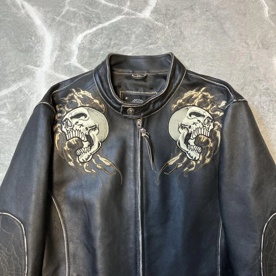 AFFLICTION Single Riders Jacket Leather Black Skull XL Embroidered From Japan - Image 2 of 4