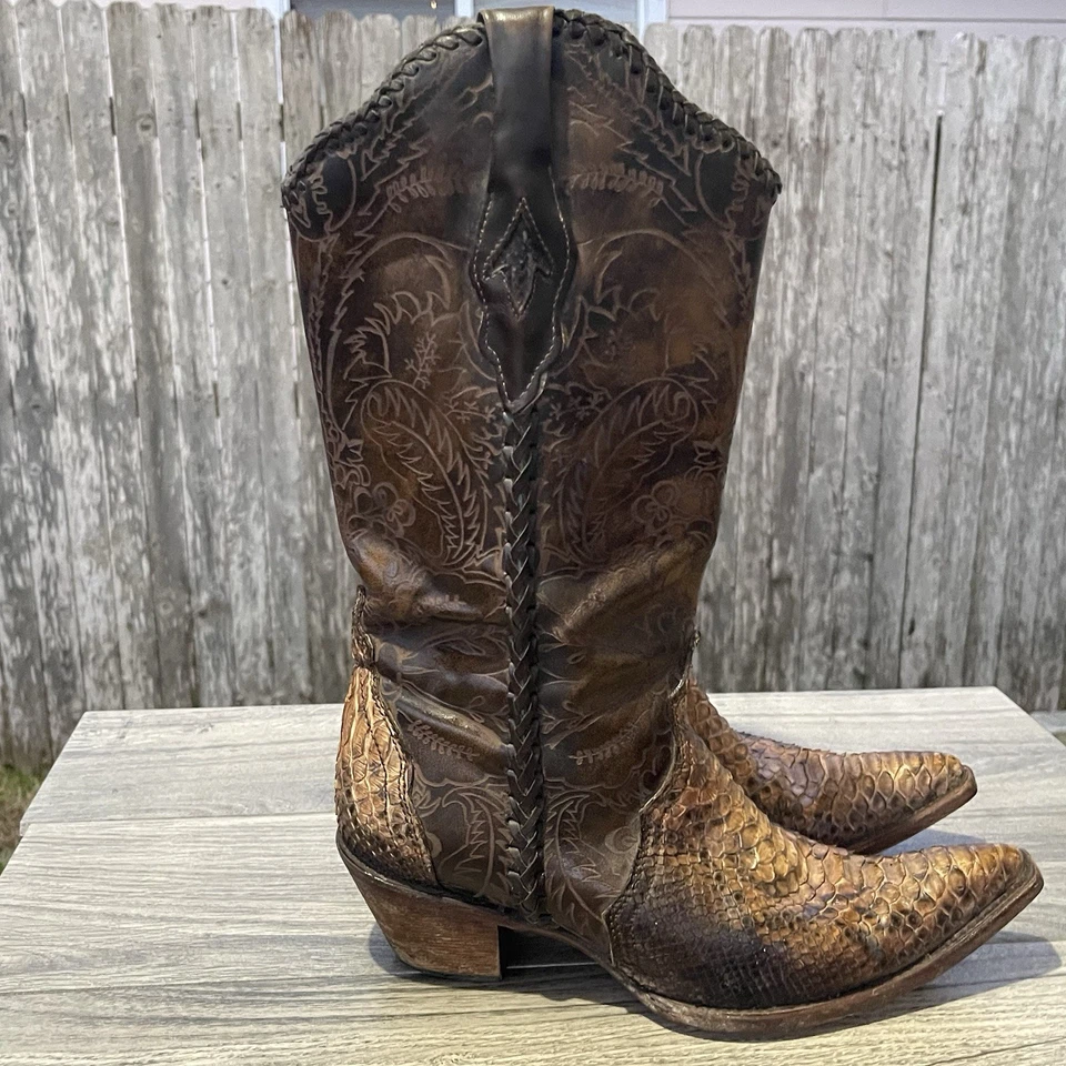 Botas de Vaquero Corral Vintage Piel de Serpiente Mujer 10 M Marrón Bordado Cuero Cortado Foto 3 de 4