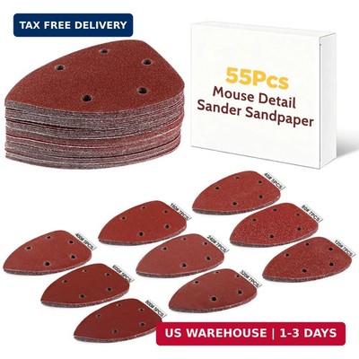 55Pcs Mouse Detail Sander Sandpaper Premium Triangle Sanding Pads 9 Grits 40-800
