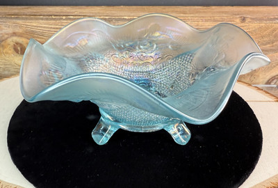 Northwood Carnival Glass - Fine Cut & Roses Footed Candy Bonbon Ice Blue