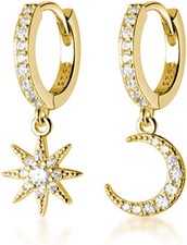 925 Sterling Silver Sparkling CZ Star Moon Small Hoop Earrings for Women Teens A