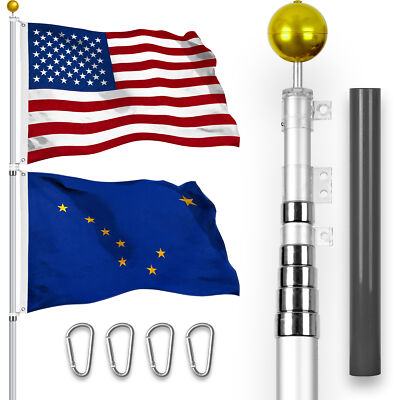 25 Ft Telescoping Flagpole Silver & American and Alaska Flags Spun 3x5 Ft
