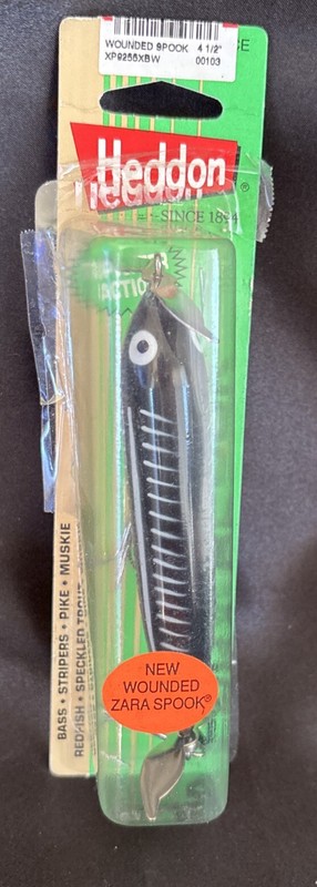 Vintage Heddon Wounded Spook Fishing Lure Bait Black Shore Minnow Floater NOS