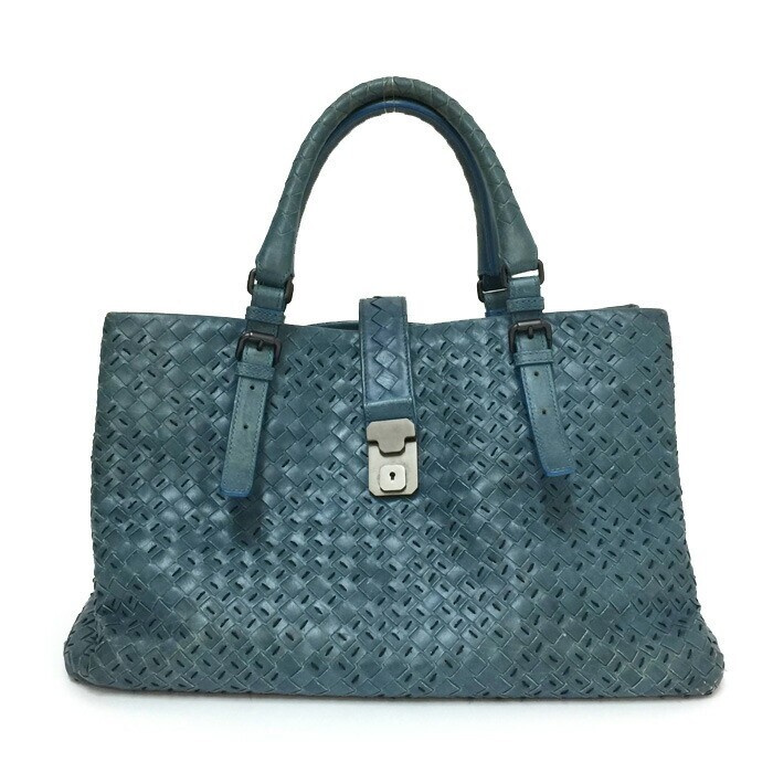 BOTTEGA VENETA Roma Tote Bag Intrecciato Leather Blue Used BOTTEGA VENETA Roma Tote Bag Intrecciato Leather Blue Used