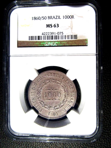 1860 /50 Overdate Brazil 1000 Reis, NGC MS 63, 3 Finer @ NGC, 075