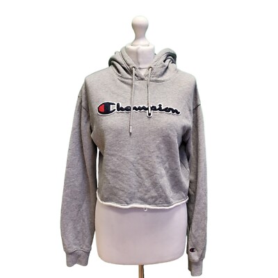 C842 DAMEN CHAMPION GRAU CROPPED KORDELZUG SWEATSHIRT HOODIE UK M 10 EU 38