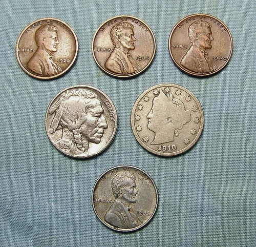 Lot of Old US Coins Buffalo, Liberty Nickel, Steel Cent with 3 WHEAT LINCOLNS*