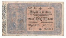 5  lire biglietto di Stato effige Umberto l°  17 / 12 /1882   R3