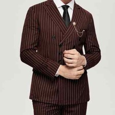 Wine Red Pinstripe Men Suits 2 Pieces Groom Business Slim Wedding Jacket Pants