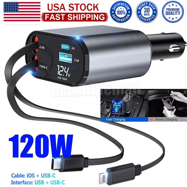 4 in 1 Retractable Car Charger Fast Car Phone Charger 120W With USB Type C Cable