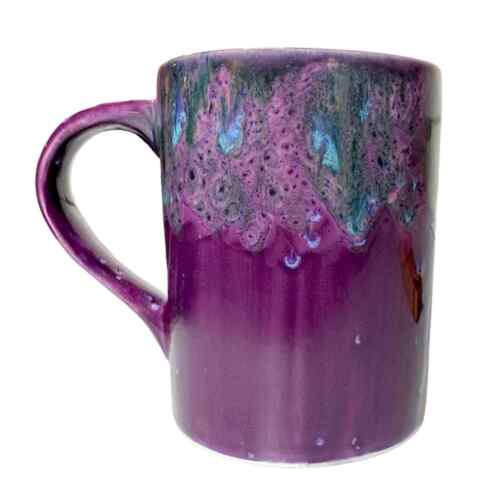 Ceramic Mug Purple Peacock Drip Art Glaze Signed Coffee Cup Green Blue 14 Oz - Afbeelding 1 van 8