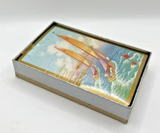 Vtg Sealed Deck Stamped US Playing Card Co Y1603 Gilt Double Sailboats Nautical