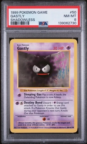 1999 POKEMON BASE SET SHADOWLESS #50 GASTLY PSA 8