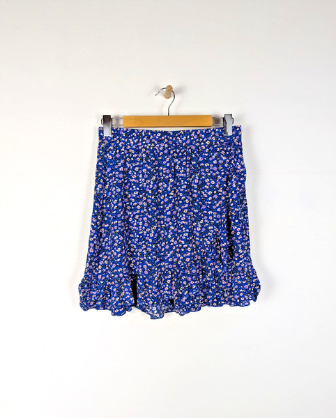 CHERRY LANE Womens Mini Skirt Sz 12 Blue Floral Viscose Faux Wrap Ruffle Hem